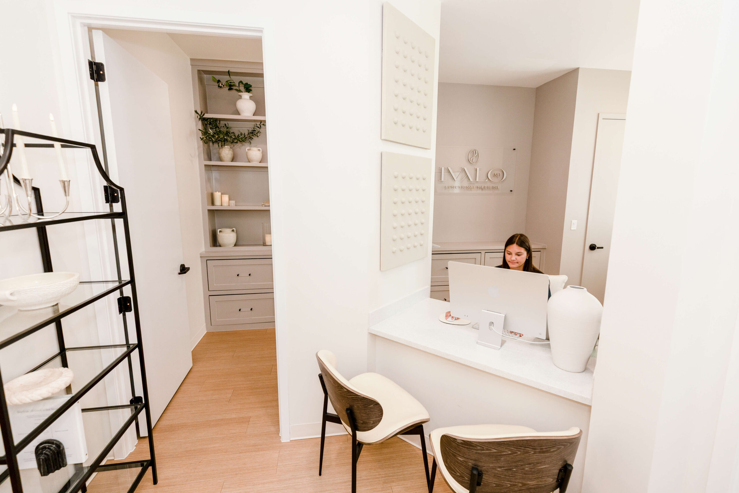 Built-in shelving and neutral decor inside the Ivalo MD clinic near Prosper, TX